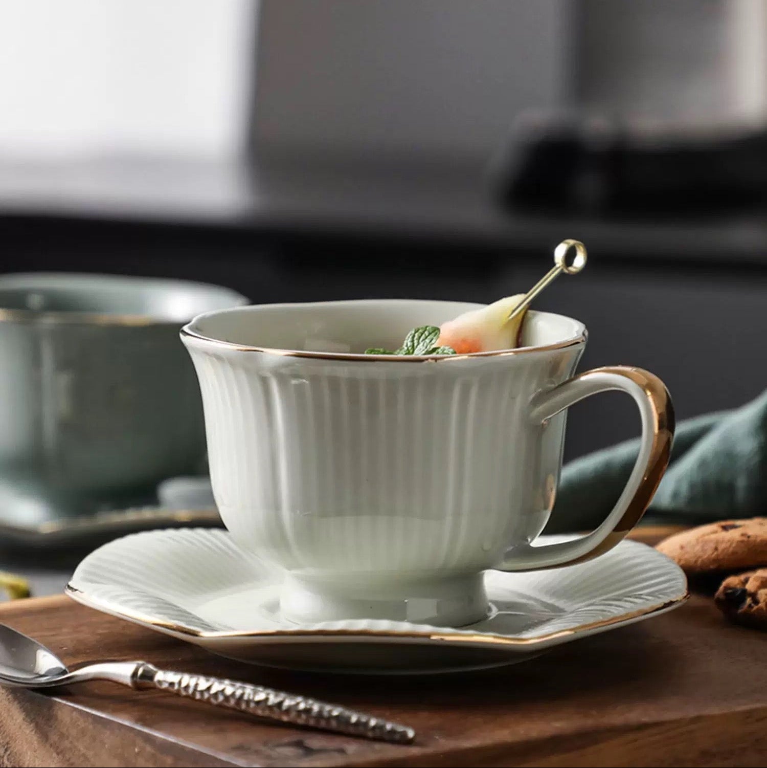 Ceramic Coffee/Tea Cup with Saucer- Gold-detailed Rim, Cream/Sage Green