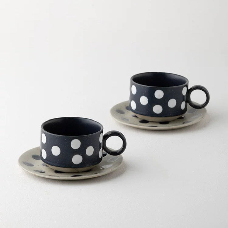Polka Dot Ceramic Teacup & Saucer Set - Inky blue