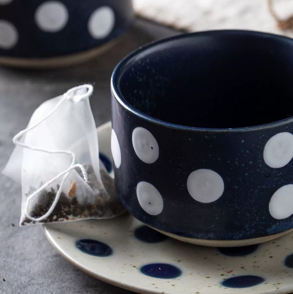 Polka Dot Ceramic Teacup & Saucer Set - Inky blue
