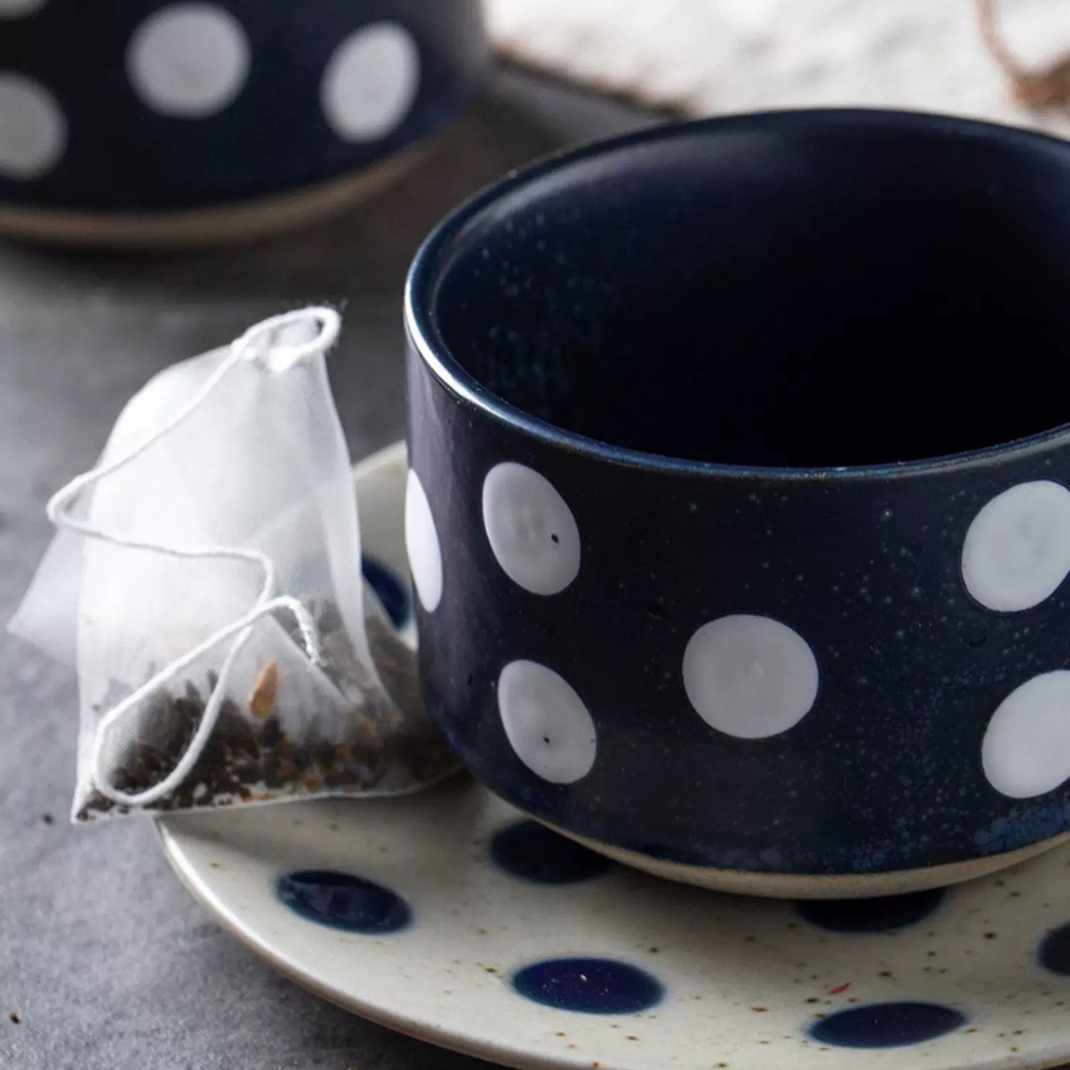 Polka Dot Ceramic Teacup & Saucer Set - Inky blue