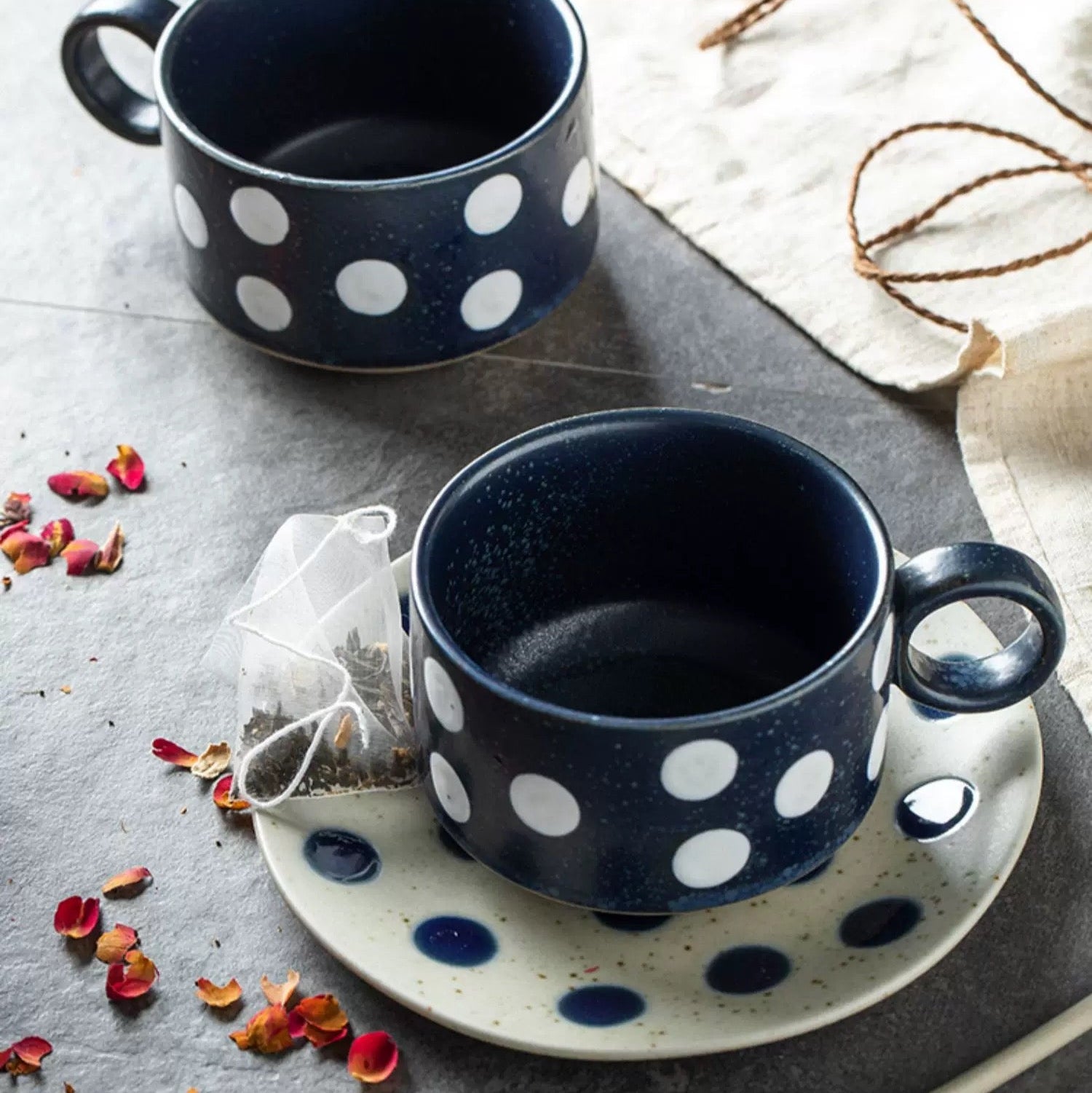 Polka Dot Ceramic Teacup & Saucer Set - Inky blue