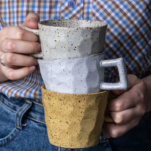 Artisan Faceted Ceramic Mugs - Speckled Light Grey/ Speckled Off-White