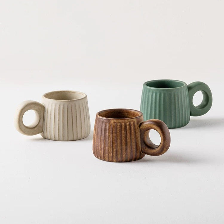 Ribbed Ceramic Mugs with Loop Handle - Beige/ Terra Cotta Brown/ Dusty Green