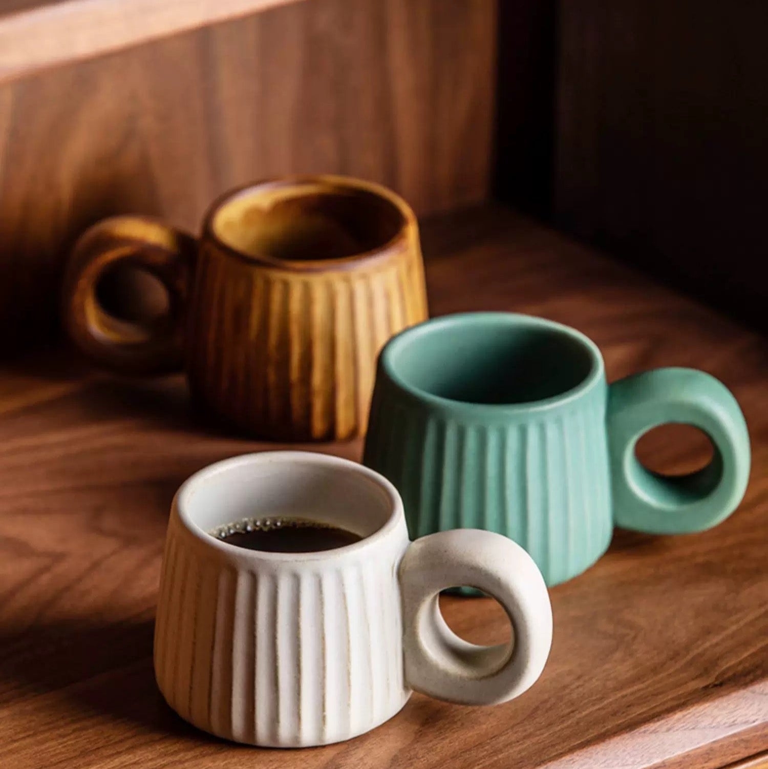 Ribbed Ceramic Mugs with Loop Handle - Beige/ Terra Cotta Brown/ Dusty Green