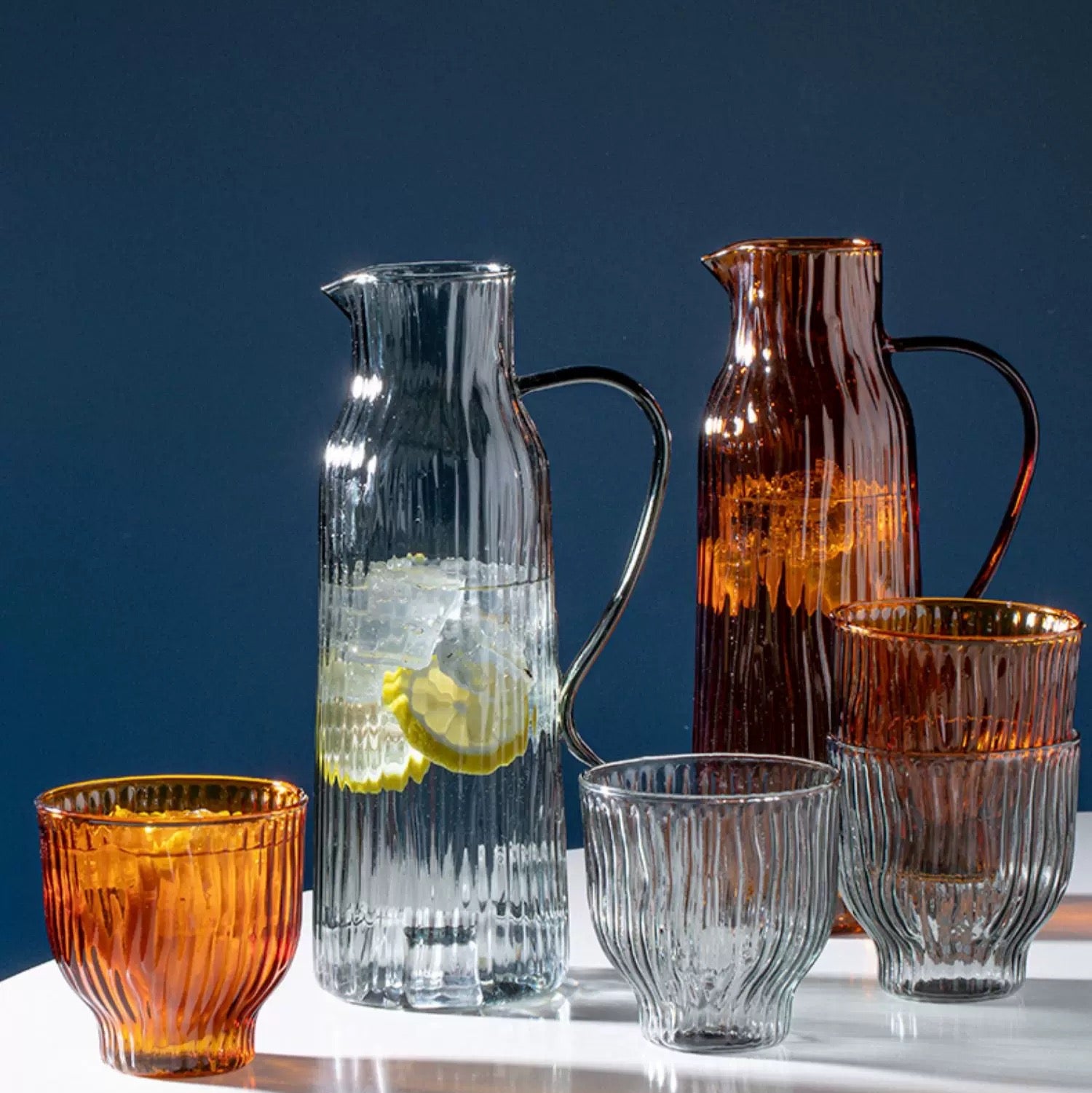 Ribbed Glass Pitcher & Tumbler Set - Amber/ Smoked Grey