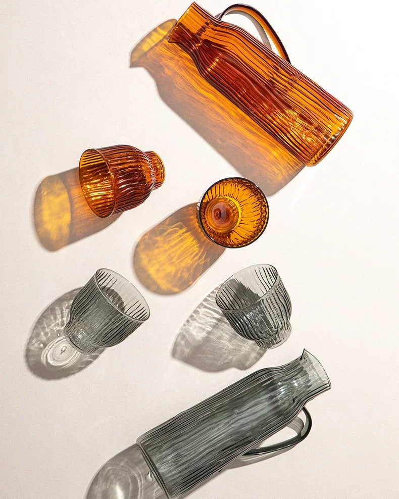 Ribbed Glass Pitcher & Tumbler Set - Amber/ Smoked Grey