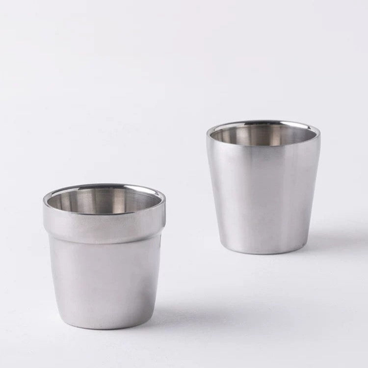 Two stainless steel cups on a white background with 'ALANIZ' branding.